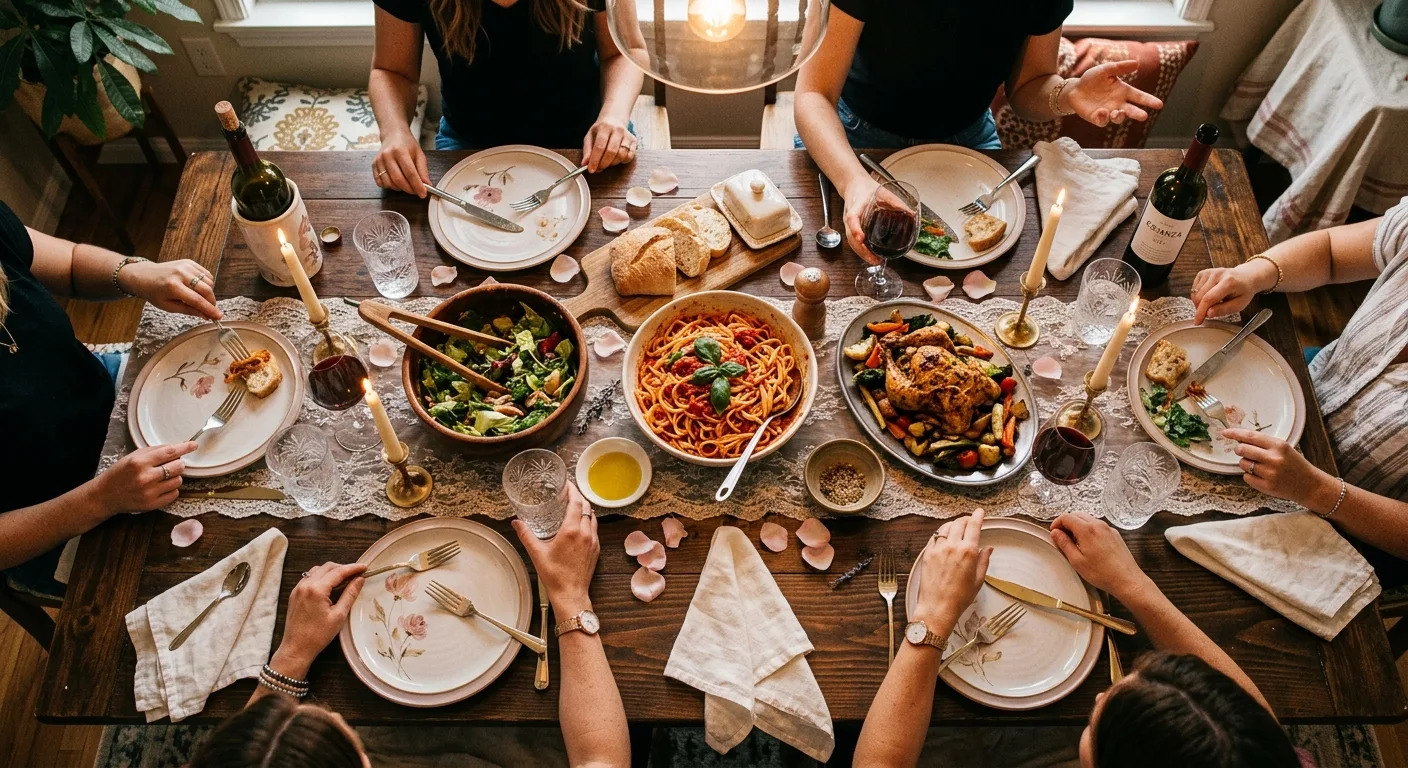 Friends gathered around a candlelit table shared with pasta, bread and wine