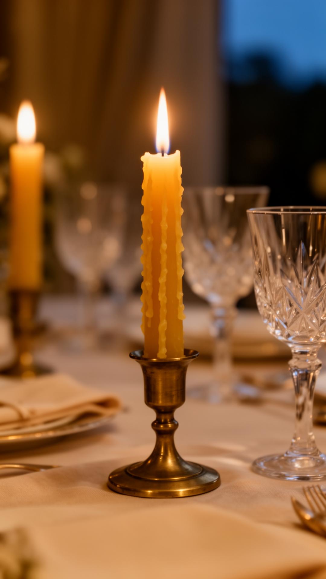 Beeswax candles glowing on a luxury table