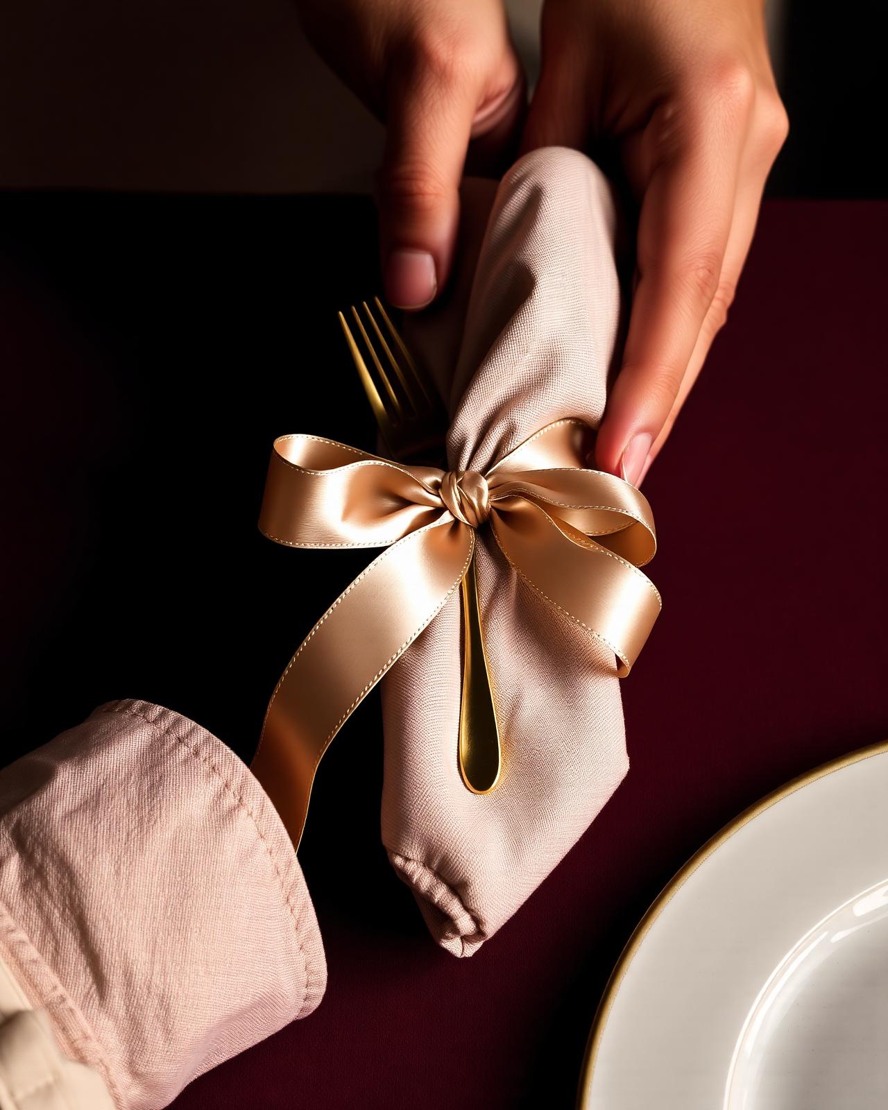 Hands folding a linen napkin