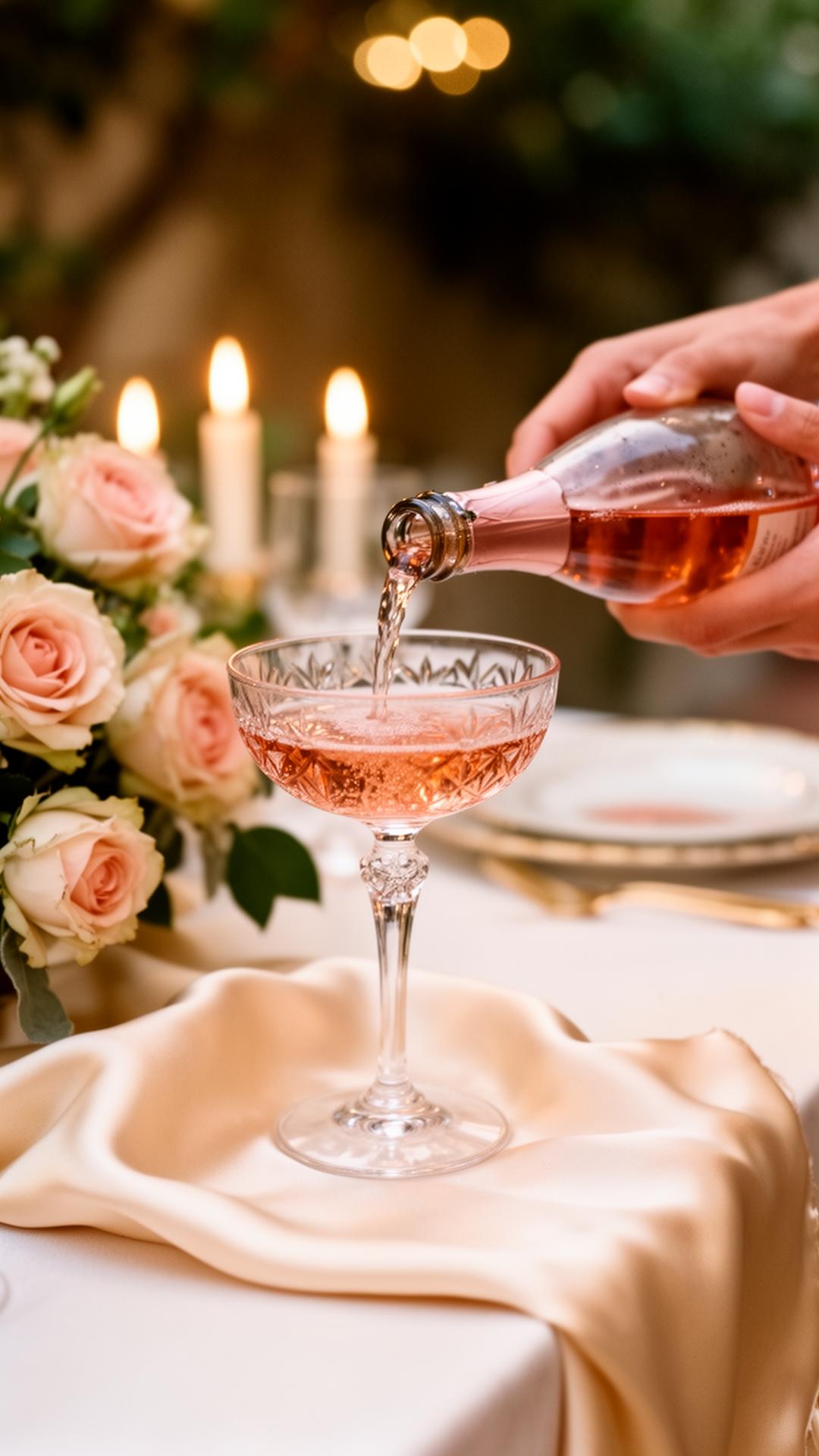 Pouring rosé champagne into a coupe