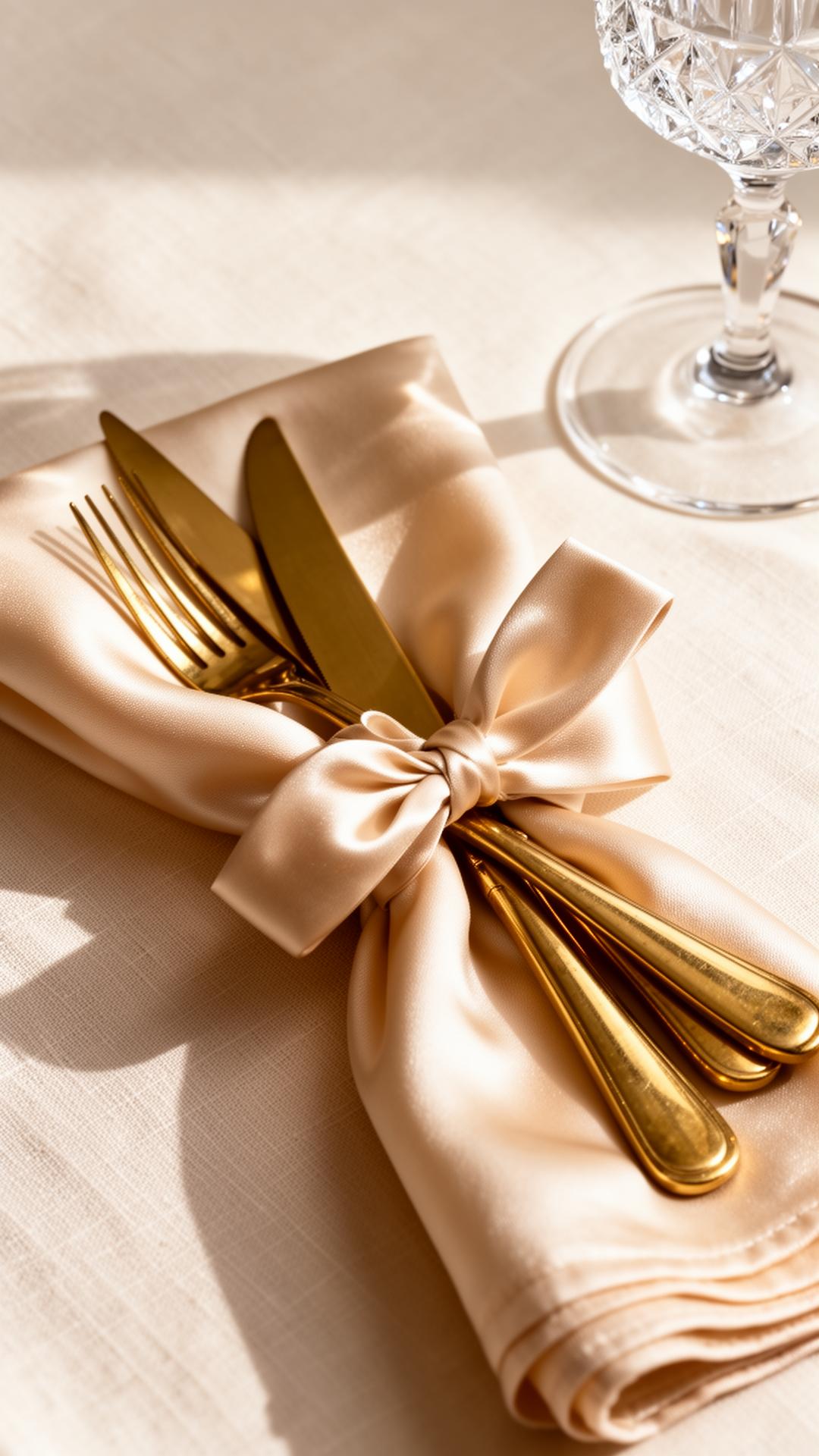 Silk ribbon tied around brass cutlery