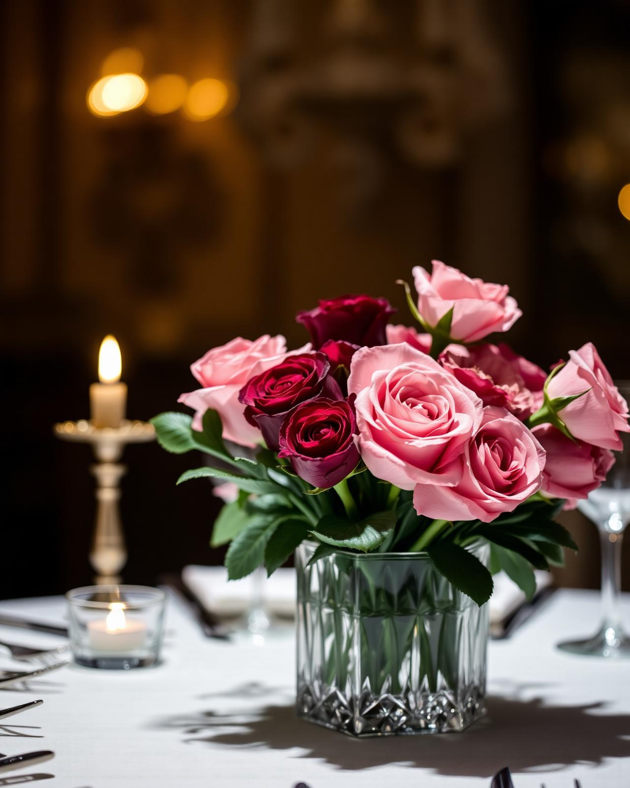 Bordeaux roses styled for an intimate dinner