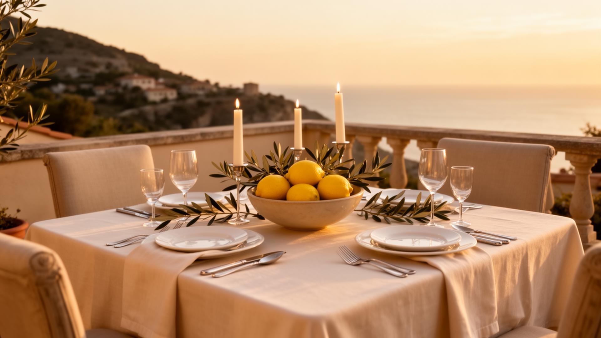 A small luxury table on a Mediterranean terrace at golden hour
